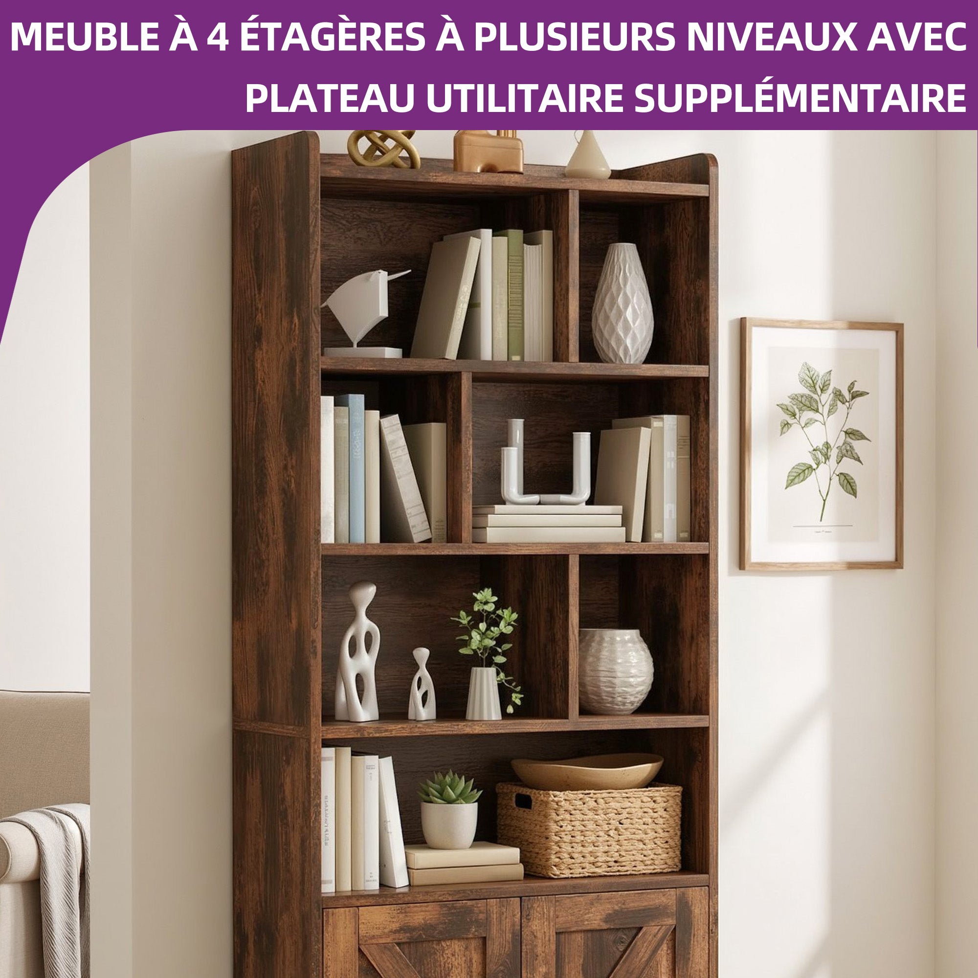 Balconera Bibliothèque à 4 étagères - avec portes et placards - avec compartiments ouverts - marron rustique - 60 x 30 x 159 cm - 3