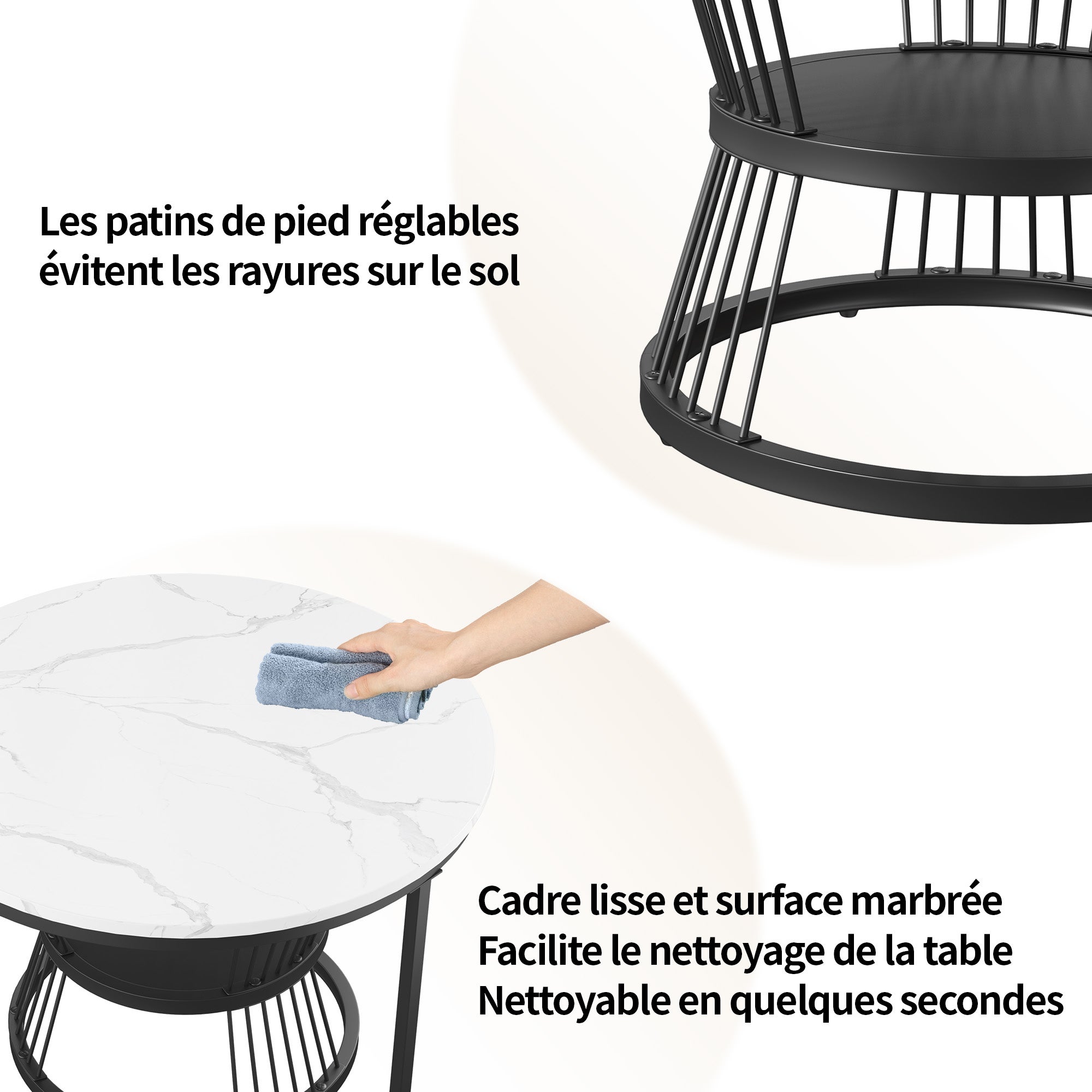 Ensemble de 2 Tables Basses Rondes, Tables Gigognes de Salon Modernes avec Pieds en Métal Doré, Noir et Blanc(70 x 45.5cm) - 5