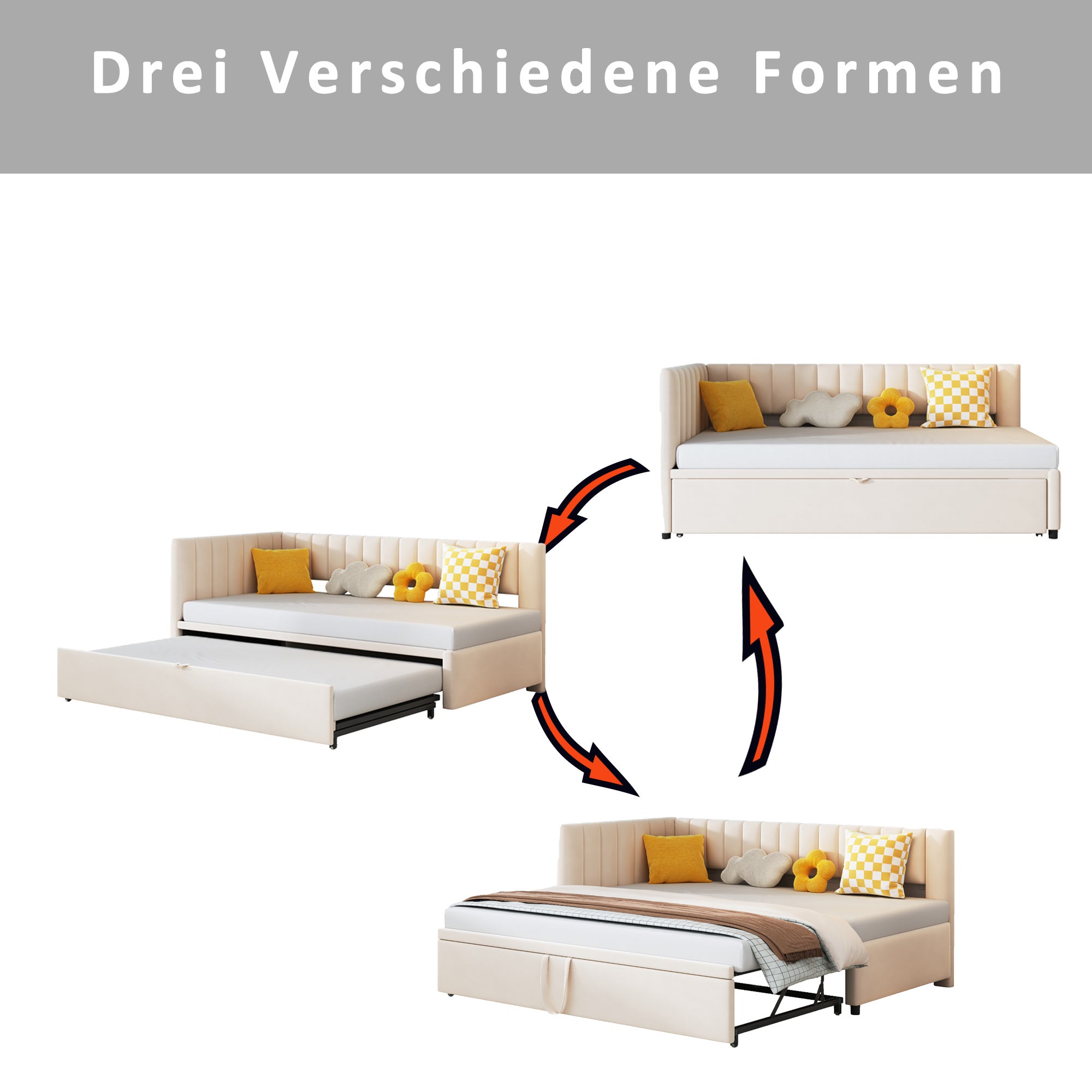 Lit gigogne 90/180 x 200 cm en forme de L, Canapé-lit - Velours - Sommier à lattes - Beige (sans matelas) - 4