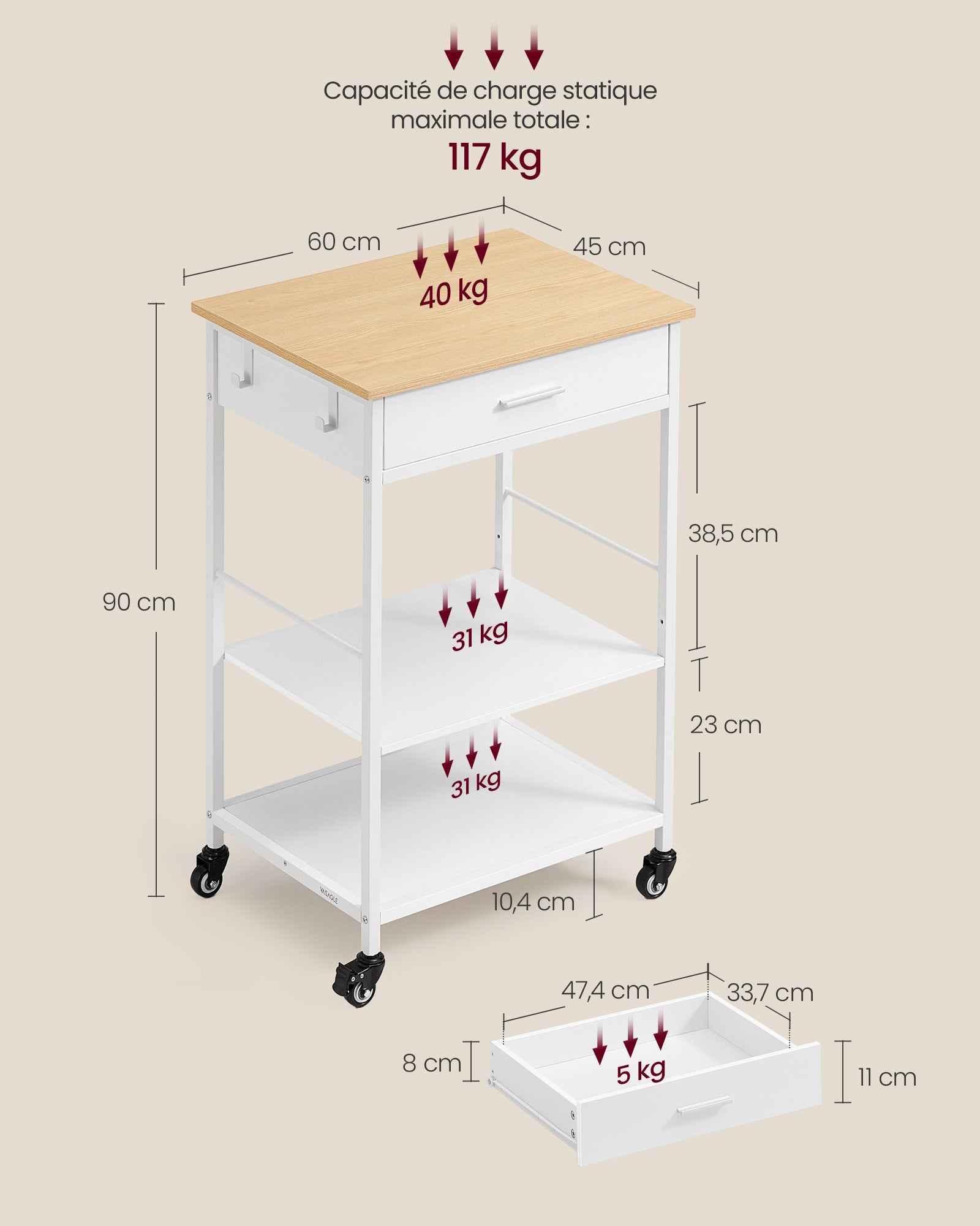 Desserte de Cuisine à Roulettes, Îlot de Cuisine Mobile, 45 x 60 x 90 cm, avec Tiroir, 2 Crochets, pour Salle à Manger, Beige Chêne et Blanc Mat - 5