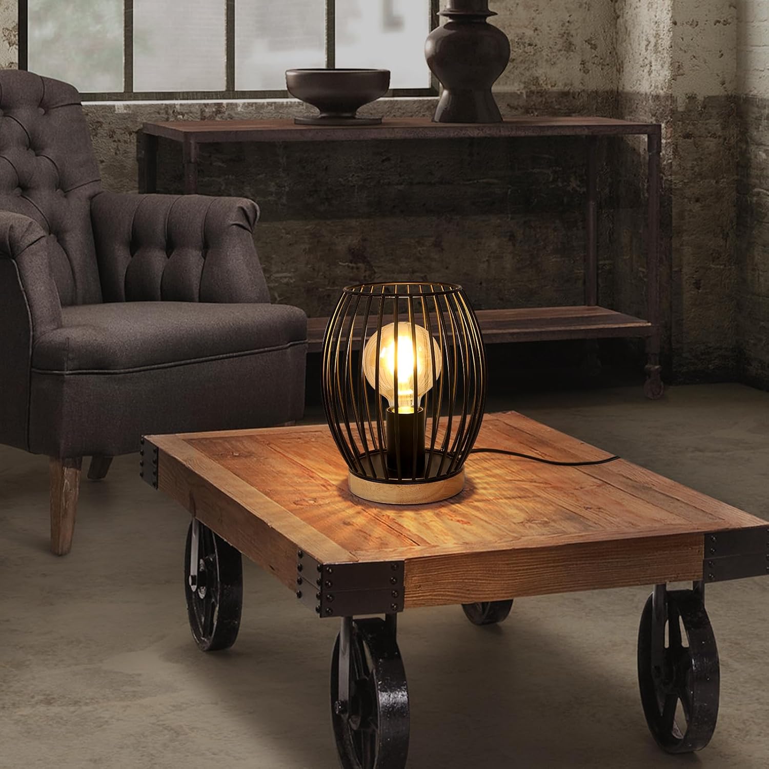COMELY Lampe de Chevet Vintage Industriel Bois et Métal Noir E27, Lampe de Table Design pour Chambre Salon Bureau Décoration - 5
