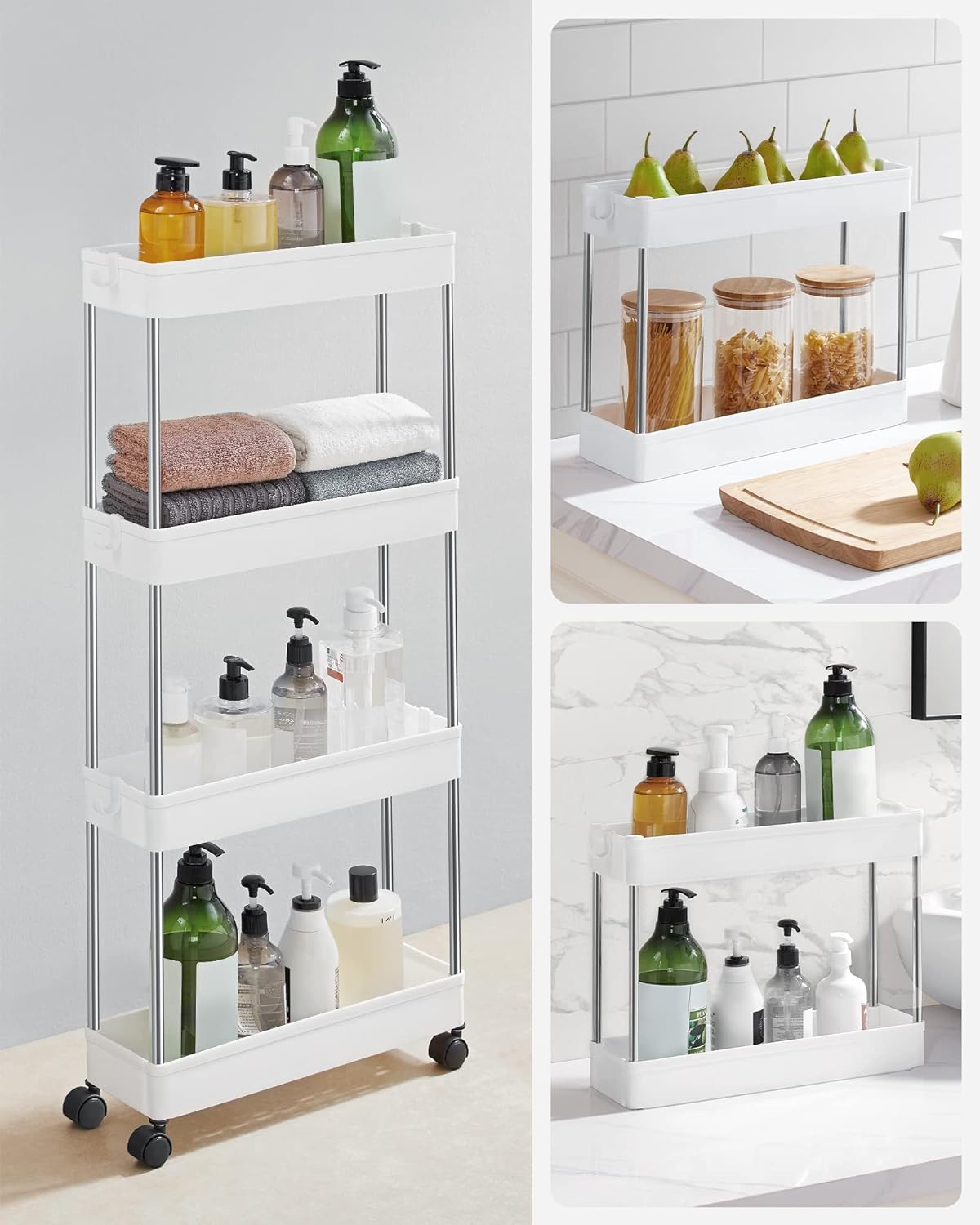 Desserte à roulettes, Chariot de Rangement, Étagère Roulante, 4 Niveaux, Gain de Place, pour Salle de Bain, Cuisine, Bureau, 40 x 13,5 x 86 cm, Blanc - 3