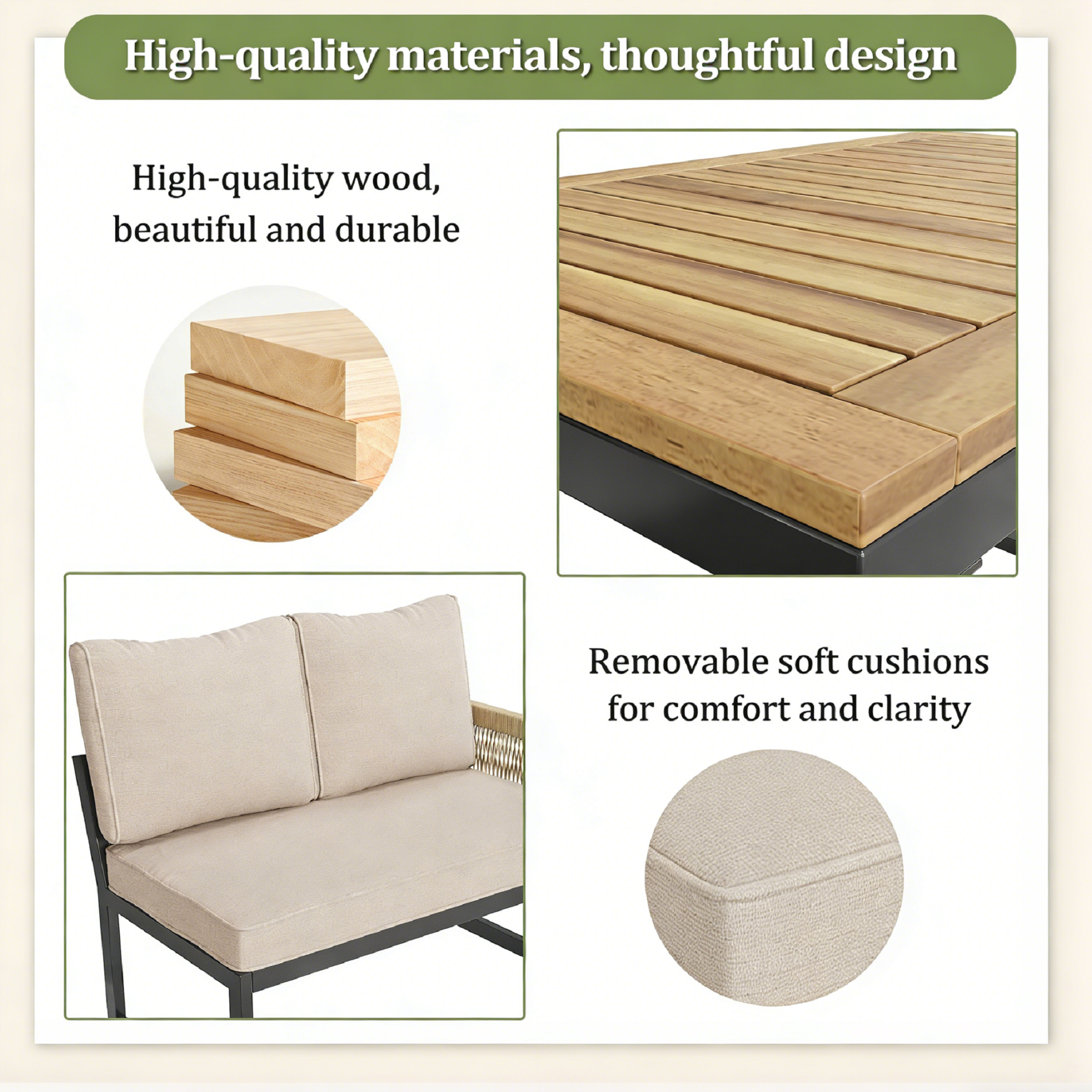 Conjunto Jardin Exterior Sofá Esquinero Para 6-8 Personas De Chapa Galvanizada, 2 Sillones + Mesa Tablero de Acacia, Muebles Terraza Balcón - Beige - 5