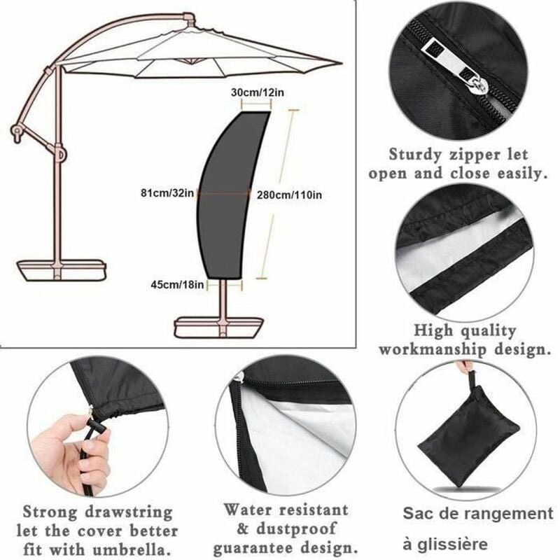 Housse de Protection pour Parasol Déporté Grande avec Tige Télescopique Couverture pour Parasol de Jardin Imperméable Anti-UV 280 * 45 * 81 * 30cm - 3
