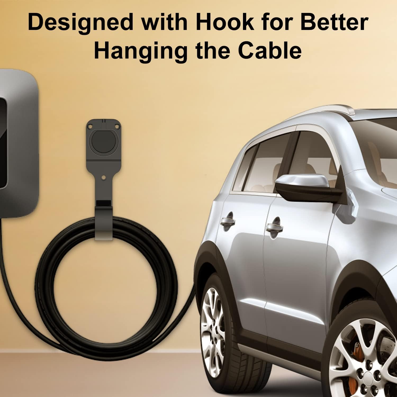 Suporte de parede para carregador de veículos elétricos Tipo 2 com gancho, compatível com veículos elétricos (VEs), preto - 3