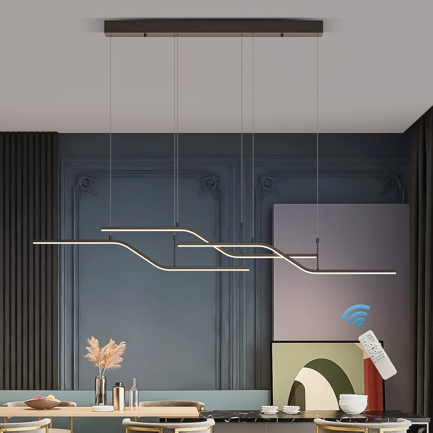 Lampadario A Sospensione LED Dimmerabile Da 120 Cm Nero, Con Telecomando E Altezza Regolabile, Per Sala Da Pranzo E Cucina