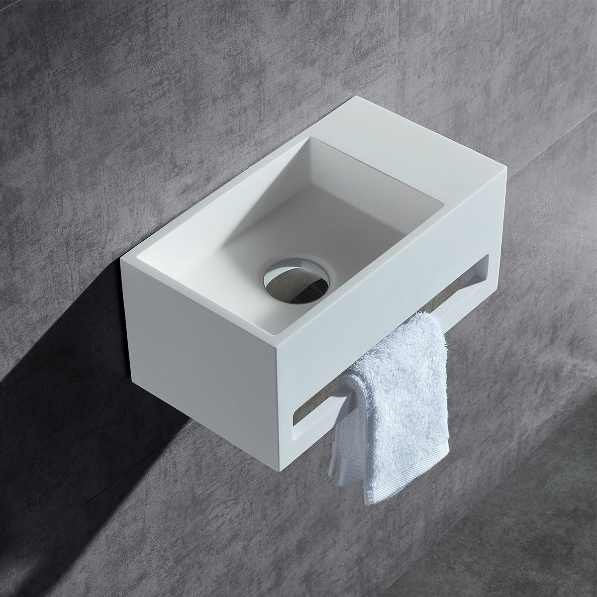 BERNSTEIN - Vasque murale design, Lave main fonte minérale Salle de bain - Blanc mat - 35,5x20x16cm - BA2105 Avec cache blanc + rangement à droite - 3