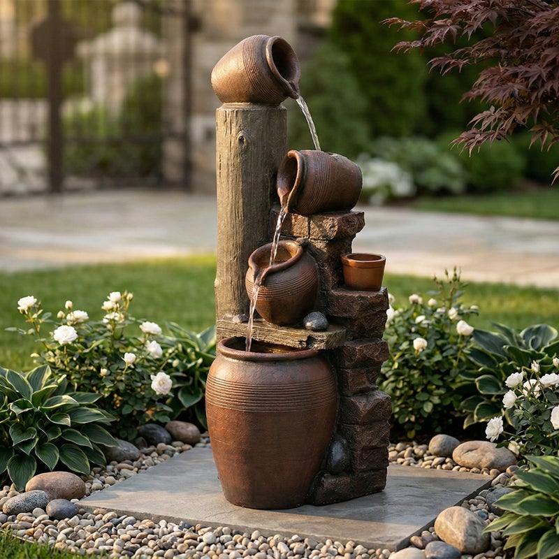 Fontanna ogrodowa LED z pompą 5W - Żywica imitująca kamień naturalny - 42 x 38 x 99 cm - Brązowa