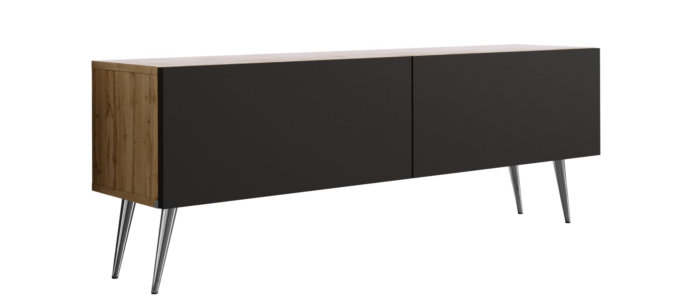 Szafka RTV : Dąb Wotan / Czarny Matowy, nogi chrom, 140 x 32 x 52 cm
