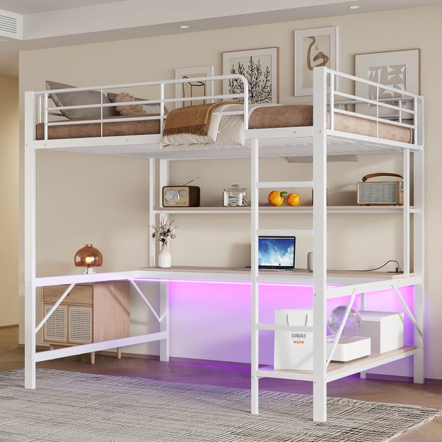 Lit mezzanine, 140 x 200 cm, lit en fer, avec prise USB et prise de courant + lumières LED + bureau, étagère à plusieurs niveaux, sans matelas, blanc