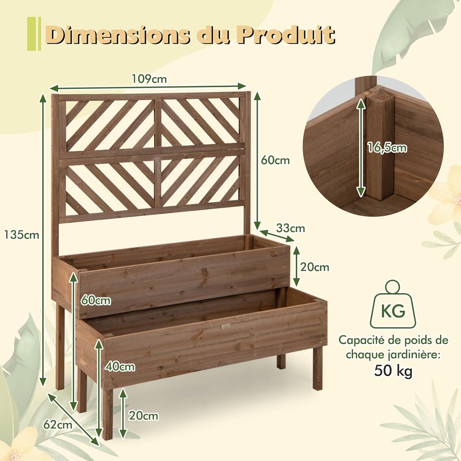 Bac avec Treiliis en Bois Sapin 144L, Jardinière Surélevée 2 Niveaux avec Trou de Drainage, 109 x 62 x 135 cm, Marron - 5