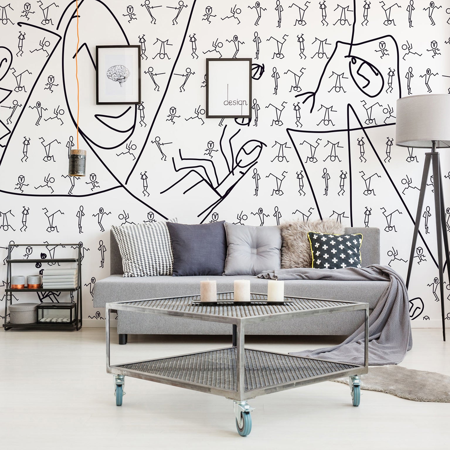 Papelera panorámica asegurada, arte de línea, arte primitivo, límites de dibujo para decoración de diseño, 270 cm x 250 cm