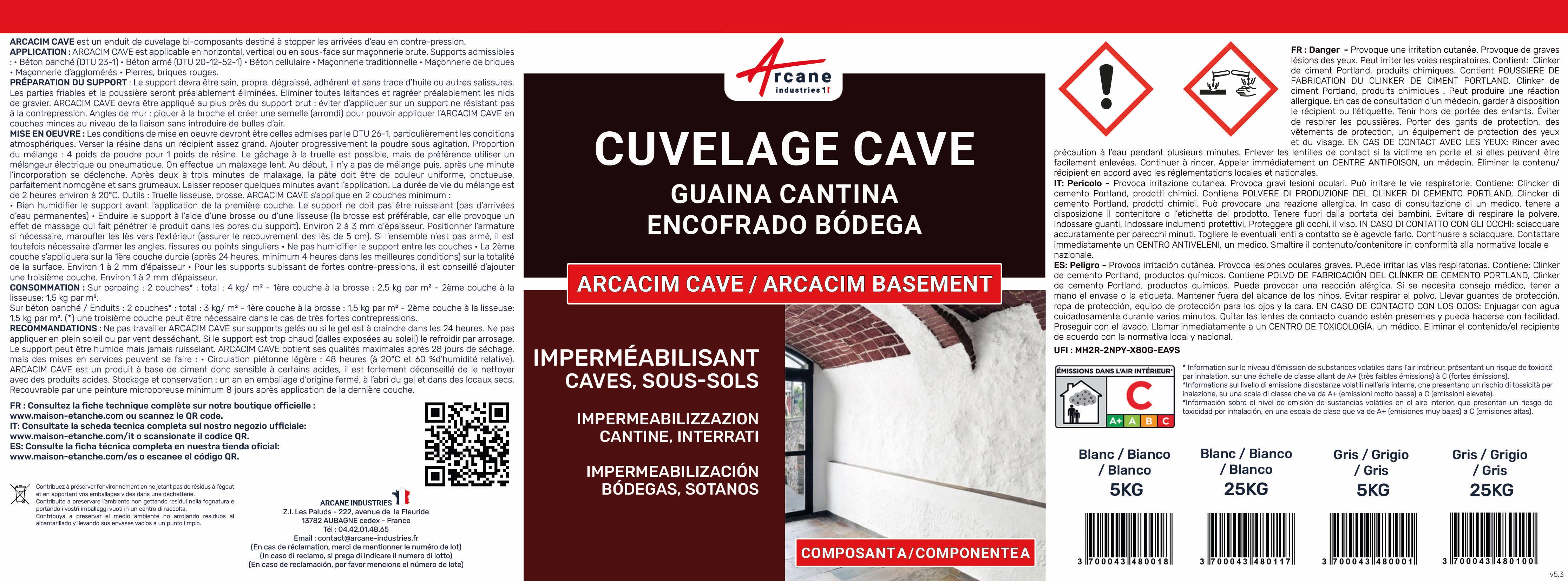 Enduit de cuvelage hydrofuge - Étanchéité cave sous-sol garage - ARCACIM CAVE - 5 kg Gris - ARCANE INDUSTRIES - 8