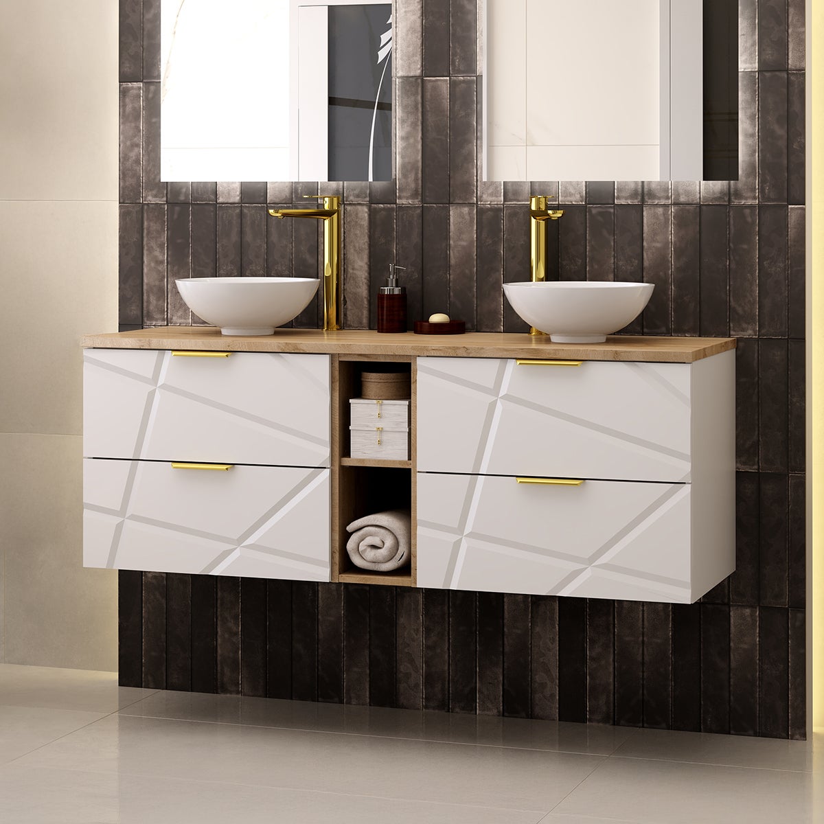 Mueble lavabo individual 140cm 2 compartimientos aurora blanco y madera
