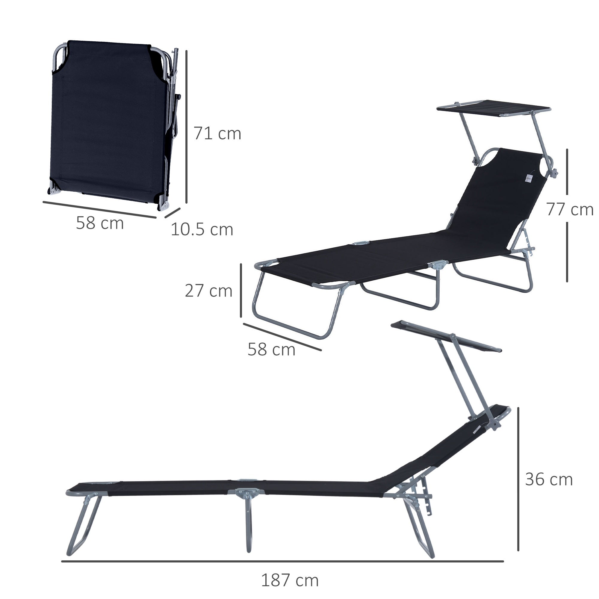 Transat de jardin pliable avec pare-soleil, idéal pour la terrasse et le balcon，dimensions 187x58x36 cm, couleur noir - 2