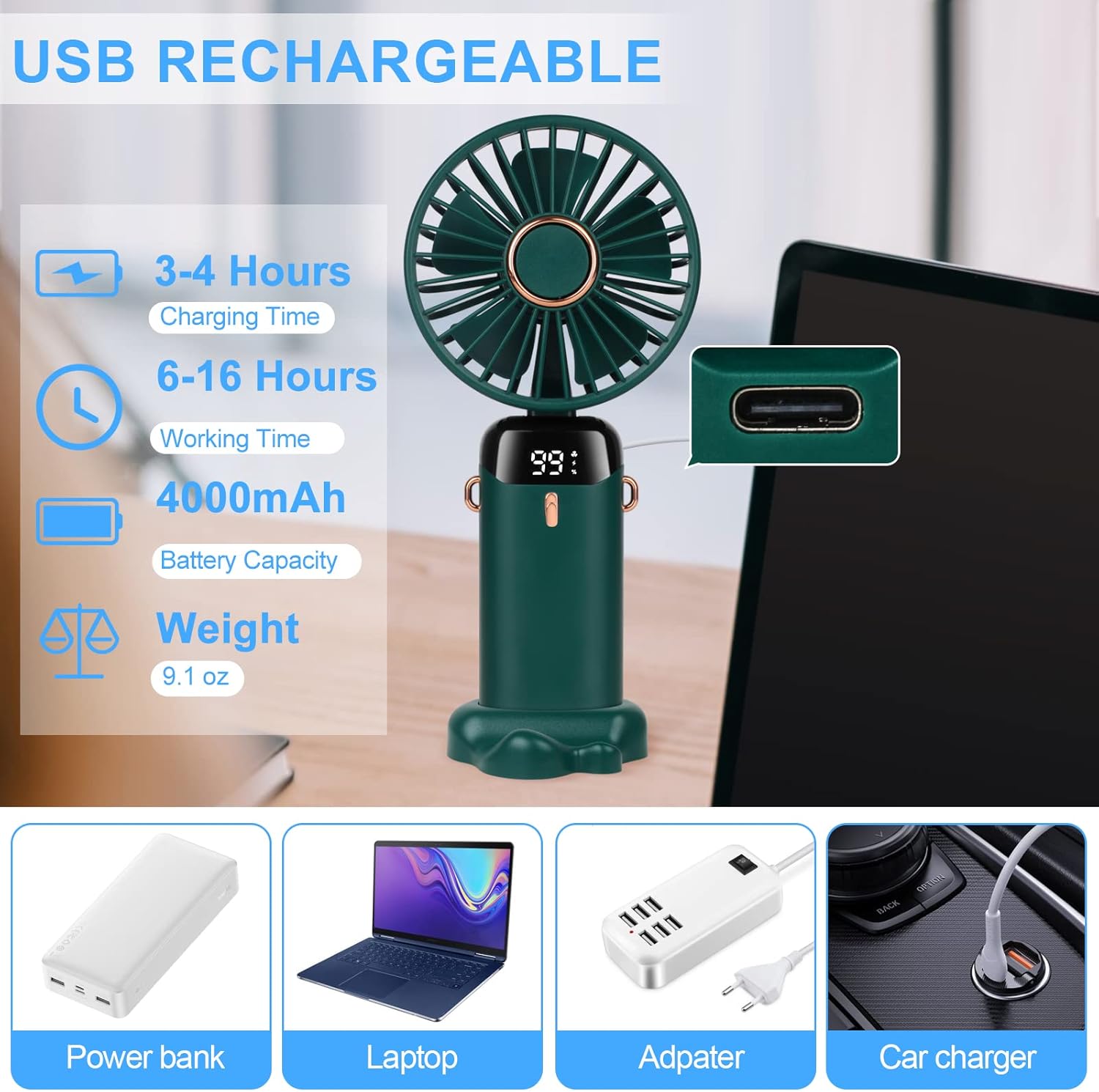 Ventilatore Portatile USB Ricaricabile - 5 Velocità, Display LED, Design Compatto - Foto 8