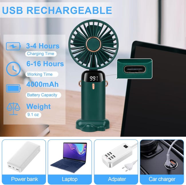 Ventilatore Portatile USB Ricaricabile - 5 Velocità, Display LED, Design Compatto - Foto 8