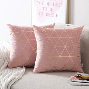 NordECO HOME Federe Per Cuscino 45x45 Cm In Velluto Rosa Cipria Con Linee Dorate - Morbide E Decorative Per Divano, Letto E Camera Da Letto (2 Pezzi)