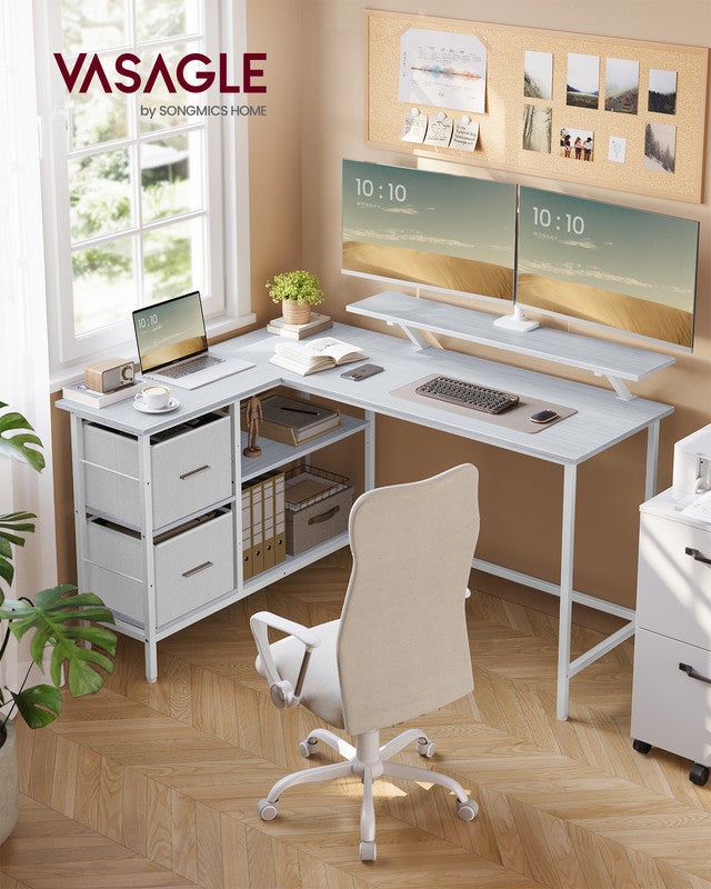 Bureau d'Ordinateur en Forme de L, Bureau d'Angle, 2 Tiroirs Spacieux, Support de Moniteur, Étagère Réglable, Blanc Érable - 2