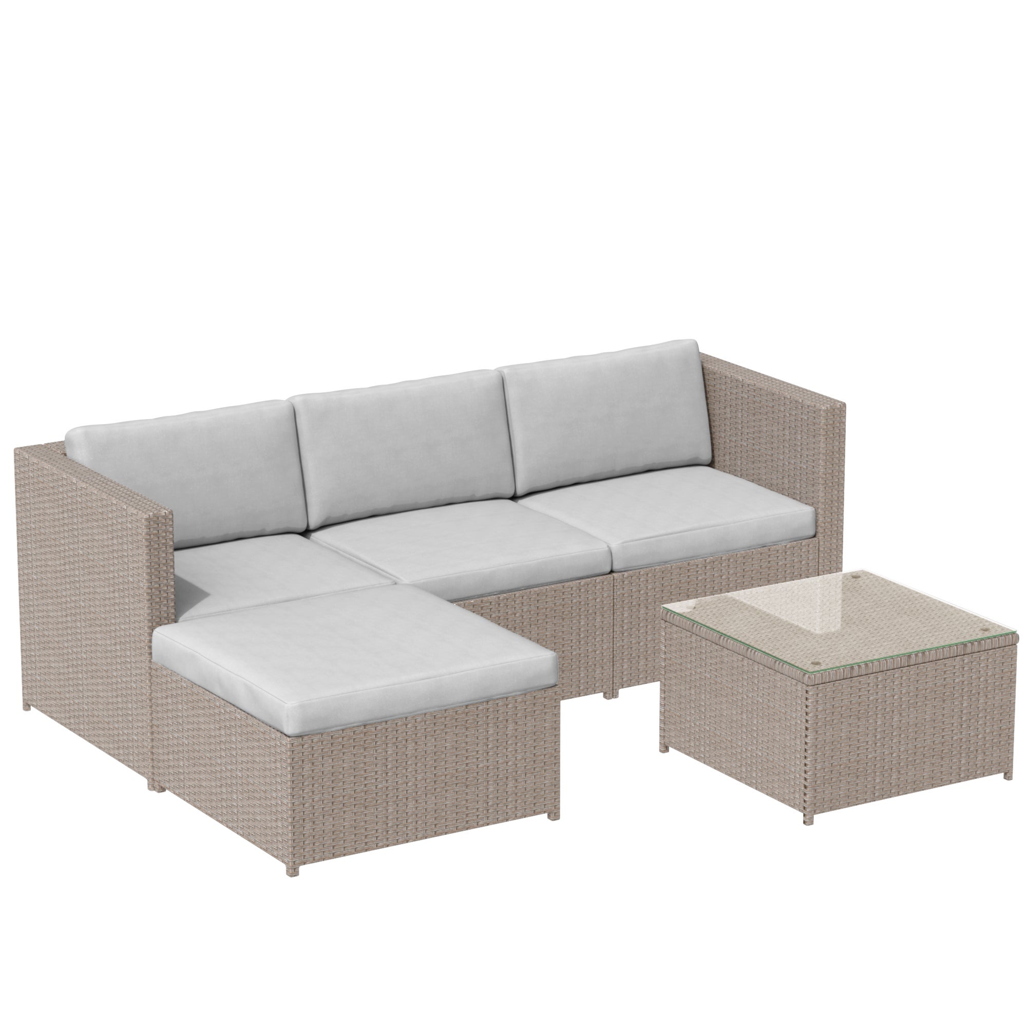 Salon de Jardin Exterieur en Rotin, Table de Jardin Exterieur avec Chaise, Canapé de Salon d'angle 4 Places avec Coussins et Table en Verre, Khaki - 9