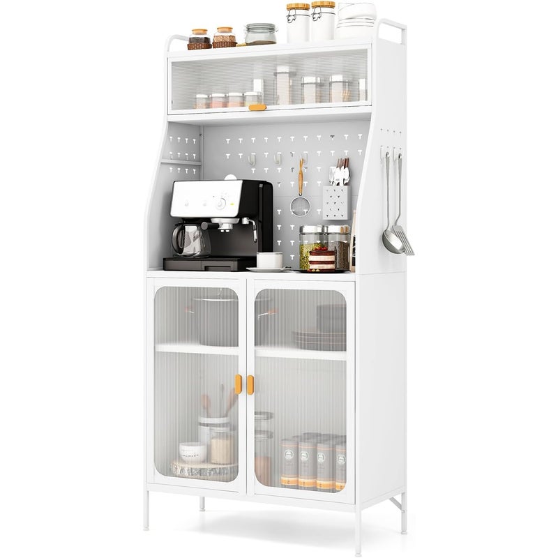 Bufet Kuchenny Boczny 76 x 36 x 161 cm – Przezroczyste Drzwi – Regał z Regulowaną Wysokością – 8 Haczyków do Zawieszania / 1 Białe Wiadro