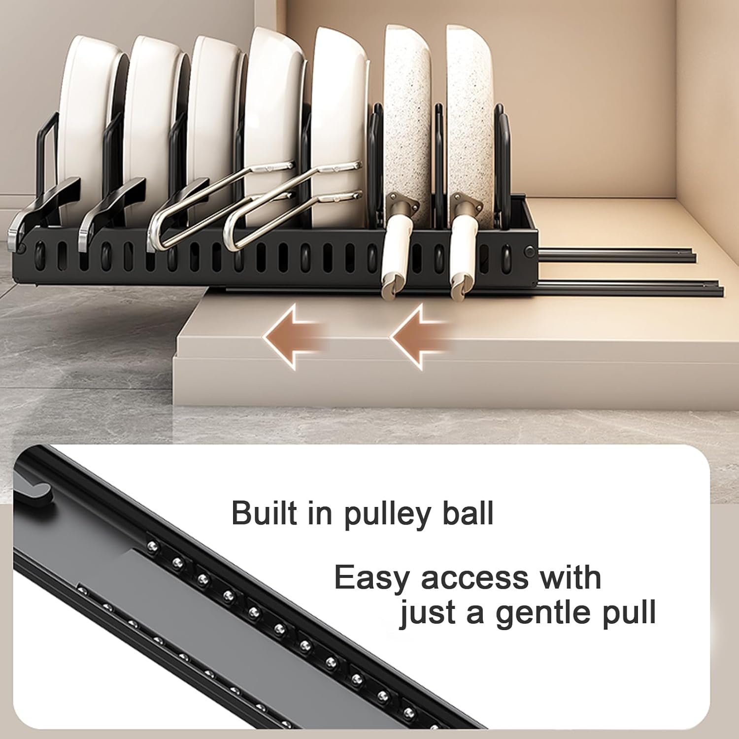 Support de rangement noir pour casseroles et poêles sous armoire, support coulissant pour couvercles de casseroles et poêles de cuisine - 4