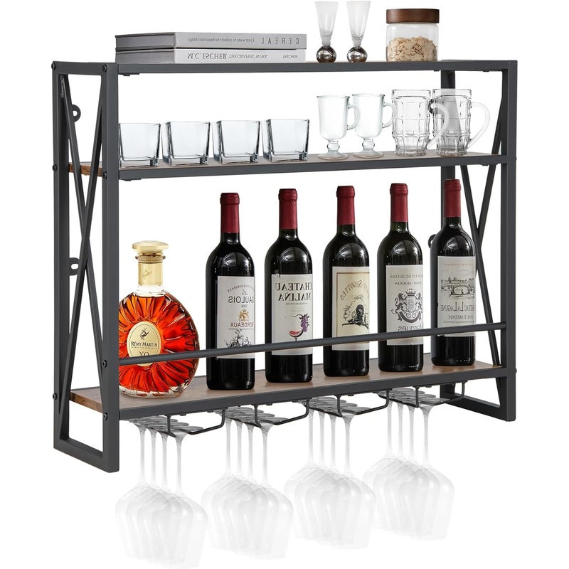 Regał na Wino do Montażu na Ścianie, Wisząca Półka na Wino z 3 Poziomami i Uchwytami na Kieliszki, Metalowa Rama, Zabezpieczenie przed Upadkiem