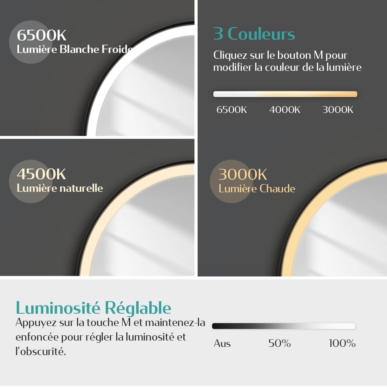EMKE Miroir lumineux salle de bain rond diamètre 50cm cadre noir, Sangle réglable, Miroir LED, Interrupteur Tactile, Anti-buée, 3 couleurs Lumières - 3