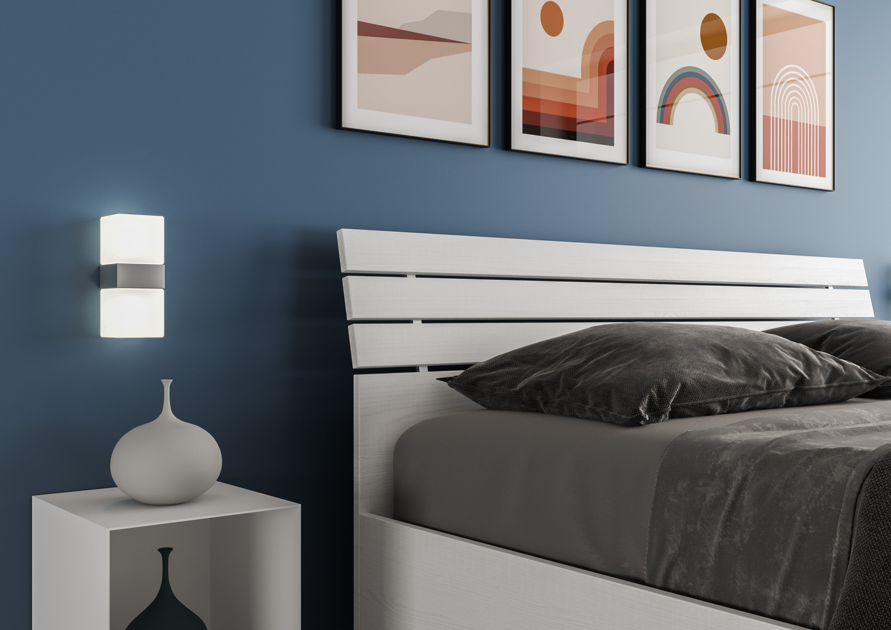 Cama con somier 160x190 con cabecera inclinada de listones fresno blanco Ankel - 4