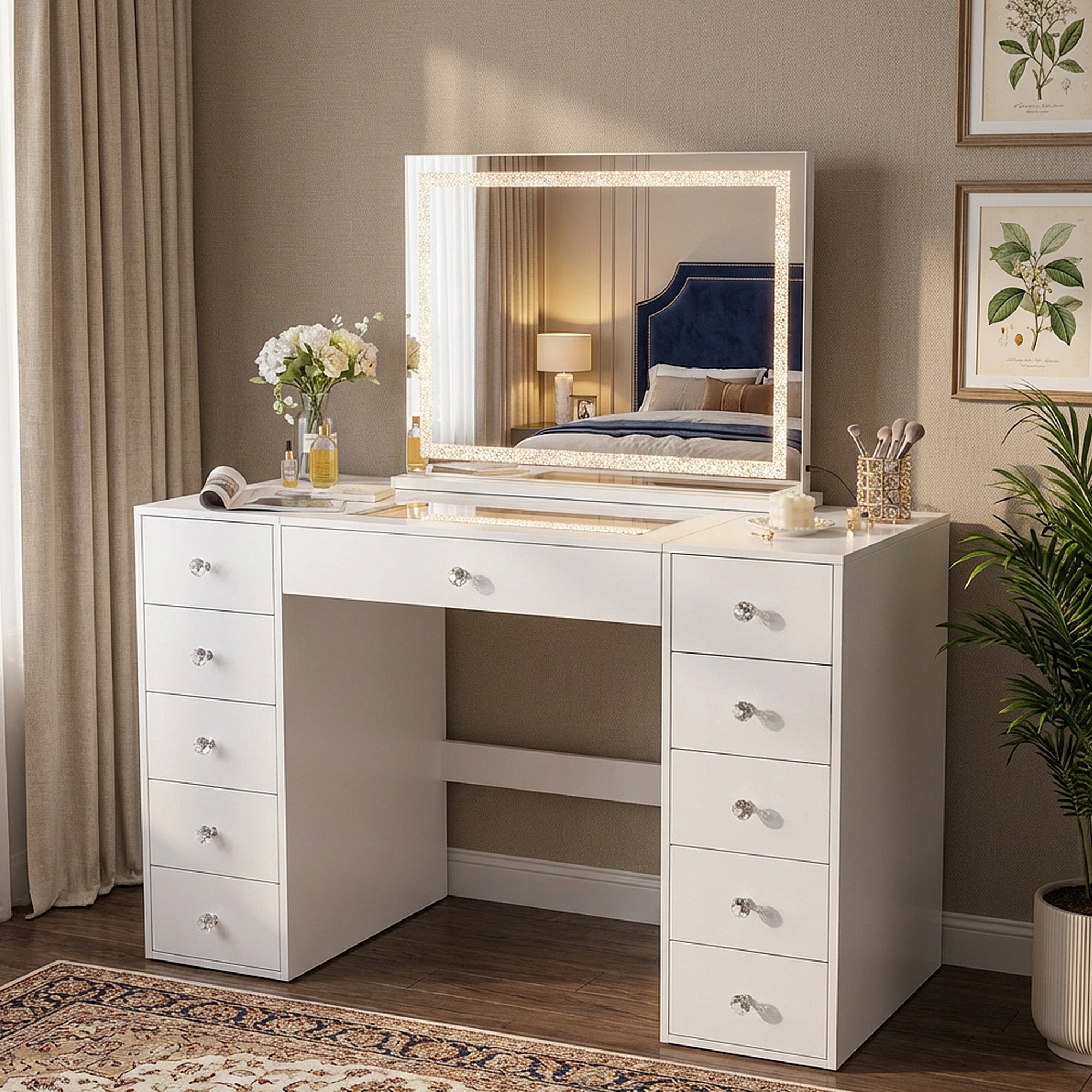 Coiffeuse avec miroir LED, 11 Tiroirs - 130 x 55 x 81 cm - RVB - avec Bluetooth Miroir Style Cristal (80 x 58 x 15 cm) - 2