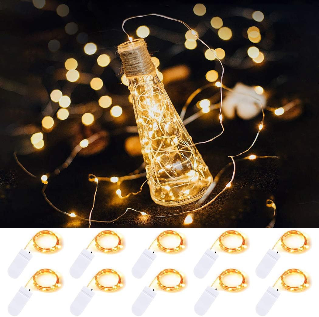 10 sztuk 2m lampki choinkowe 20 LED na baterie, wodoodporne, miedziane druty, lampki gwiazdkowe na DIY dekoracje świąteczne (Ciepła Biel)