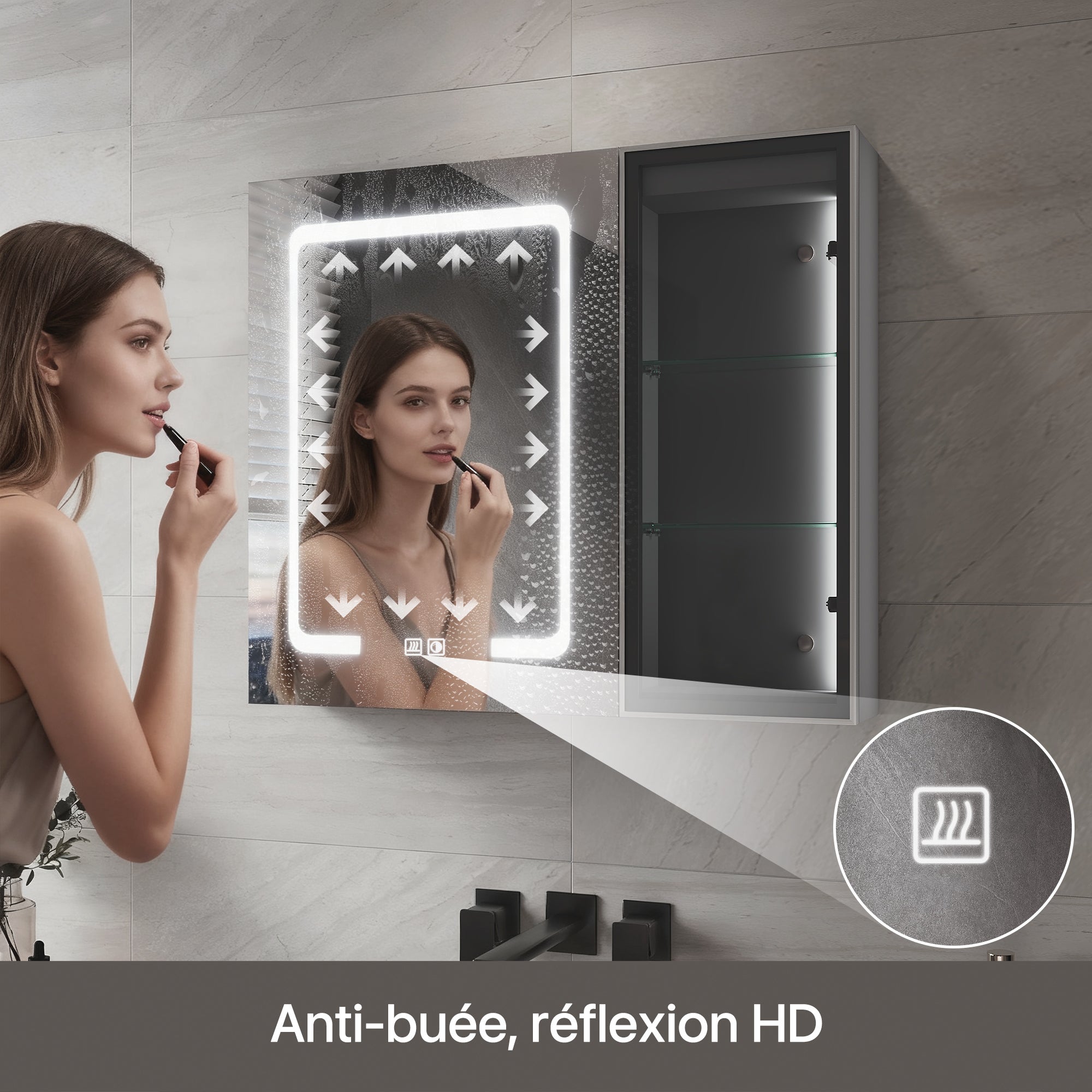 SIRHONA Armoire Miroir Salle de Bain 70x60x13cm avec Porte Vitrée, Miroir Anti-Buée Localisée 3 Lumières et Étagère Verre avec Prise - Gris Maroc - 7