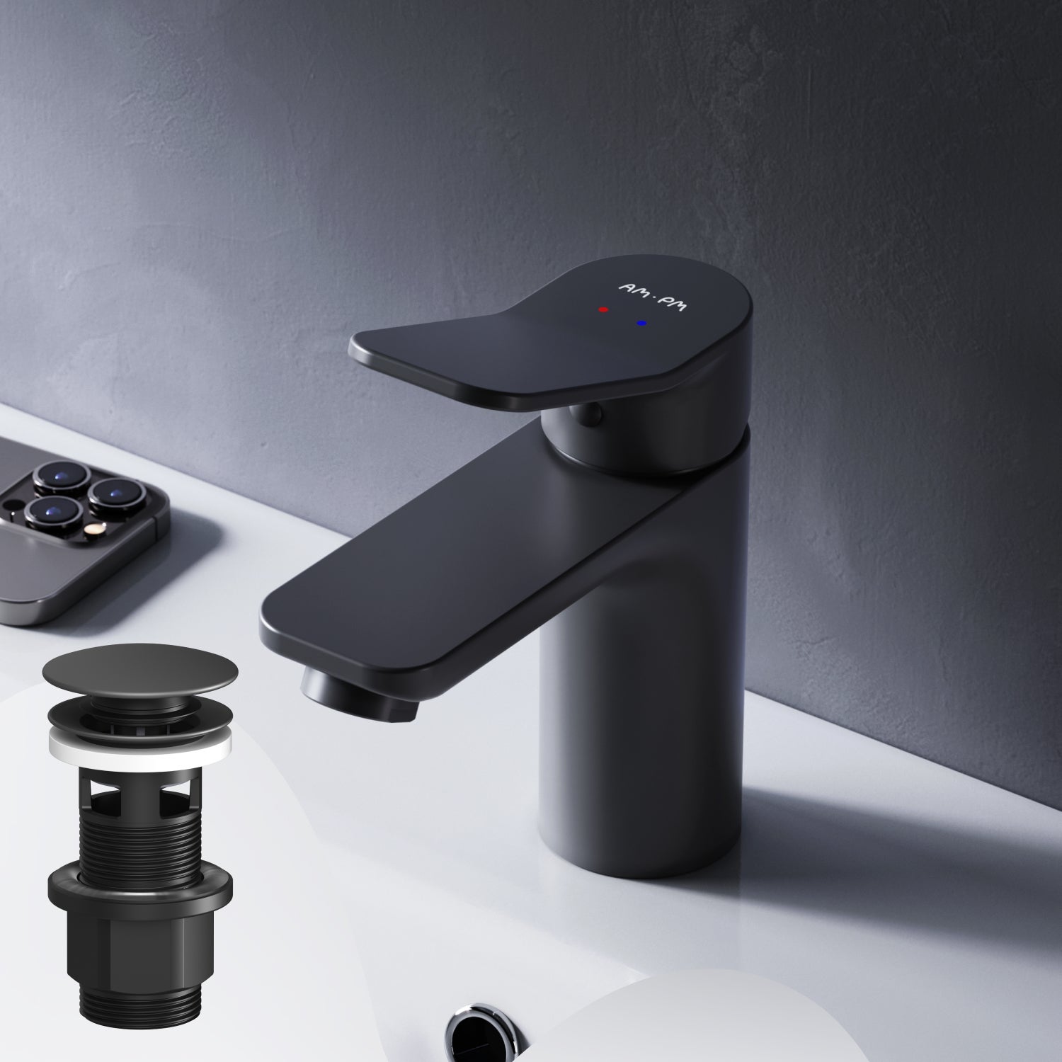 Bateria umywalkowa z wyciąganym odpływem, czarna, rozmiar S, FXA82122 AM.PM