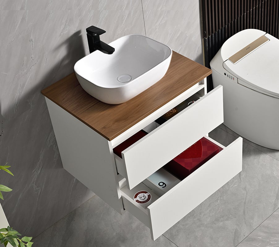 Conjunto Mueble de Baño 78x48x48 cm Blanco y encimera de madera con Lavabo sobre encimera - 3