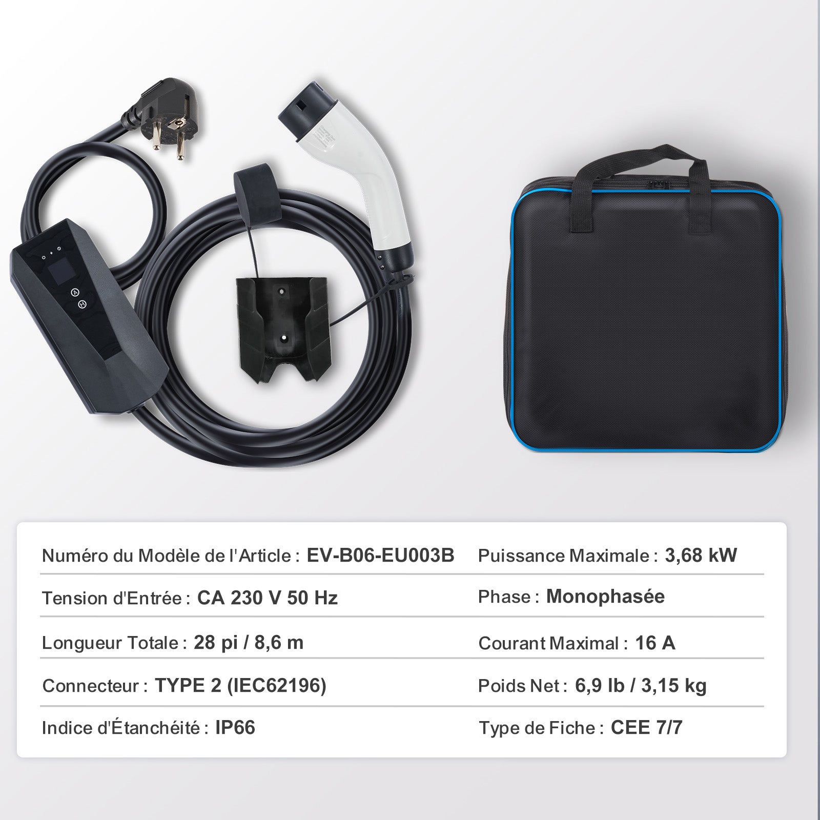 Carregador portátil EV Tipo SucceBuy 2 16A 3,7 kW com cabo de 28 pés Tomada CEE 7/7 Tela LCD IEC 62196 Estação de carregamento doméstica,IP66 - 2