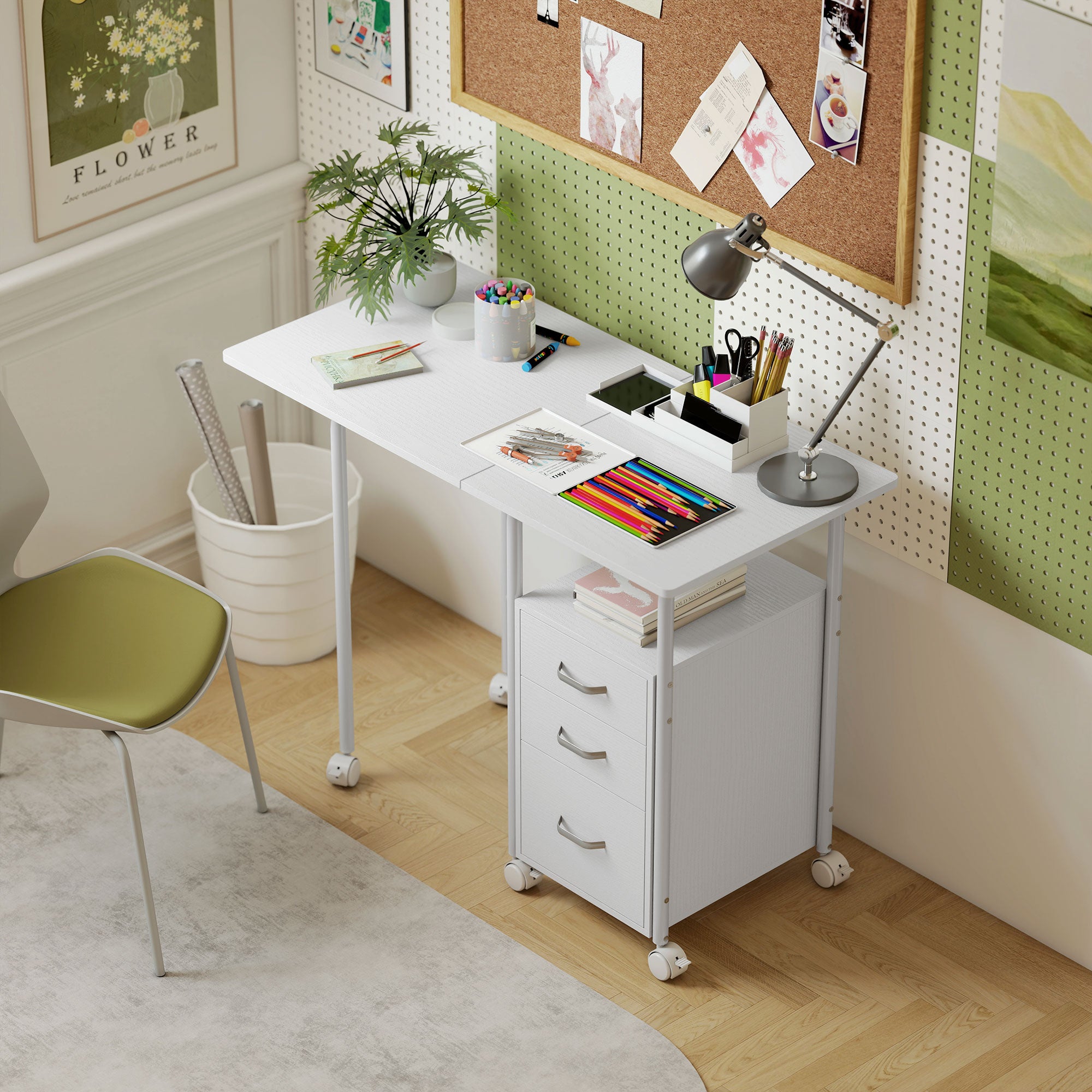 Bureau d'ordinateur pliable sur roulettes, avec rangements, 3 tiroirs ...