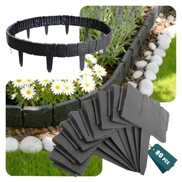 Bordure de jardin imitation pierre 20m gris - hauteur 23cm - clôture gazon décorative en PP - 80 pièces - VOUNOT®