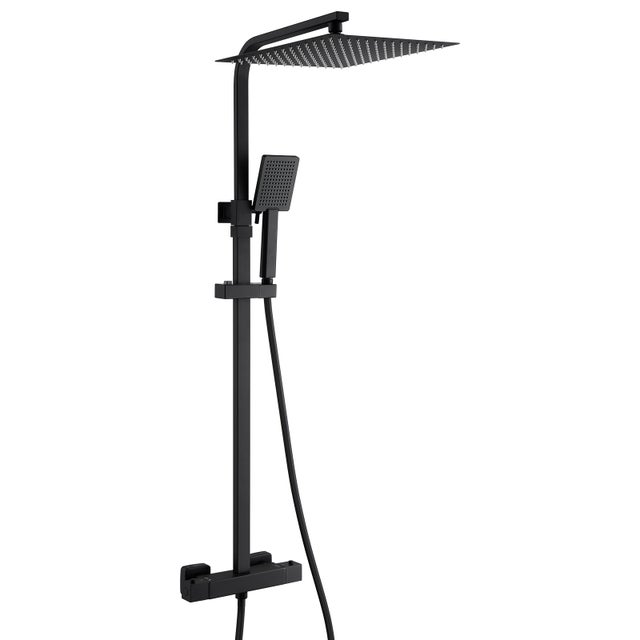 Colonne de Douche Thermostatique Noir Ensemble de Douche avec Douche de Tête Supérieur Ultra-mince Hauteur Réglable pour Salle de Bain