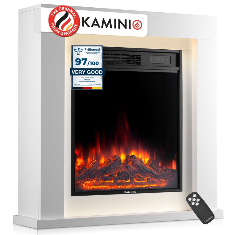KAMINIO Kominek elektryczny MATTI – elektryczny kominek stojący z ogrzewaniem, płomienia 3D, nastrojowym oświetleniem LED, pilotem – 32 cale, Biały