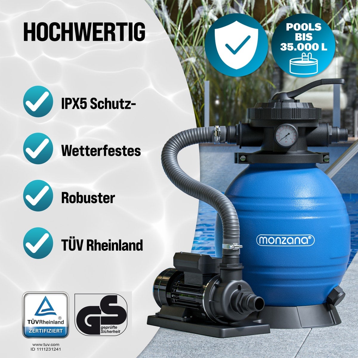 MONZANA® Pompe filtre à sable 10,2m³ auto-amorçante piscines jusqu’à 35m³ certifié TÜV vanne 7 voies raccord 2en1 Ø32-38mm système filtration sable - 8