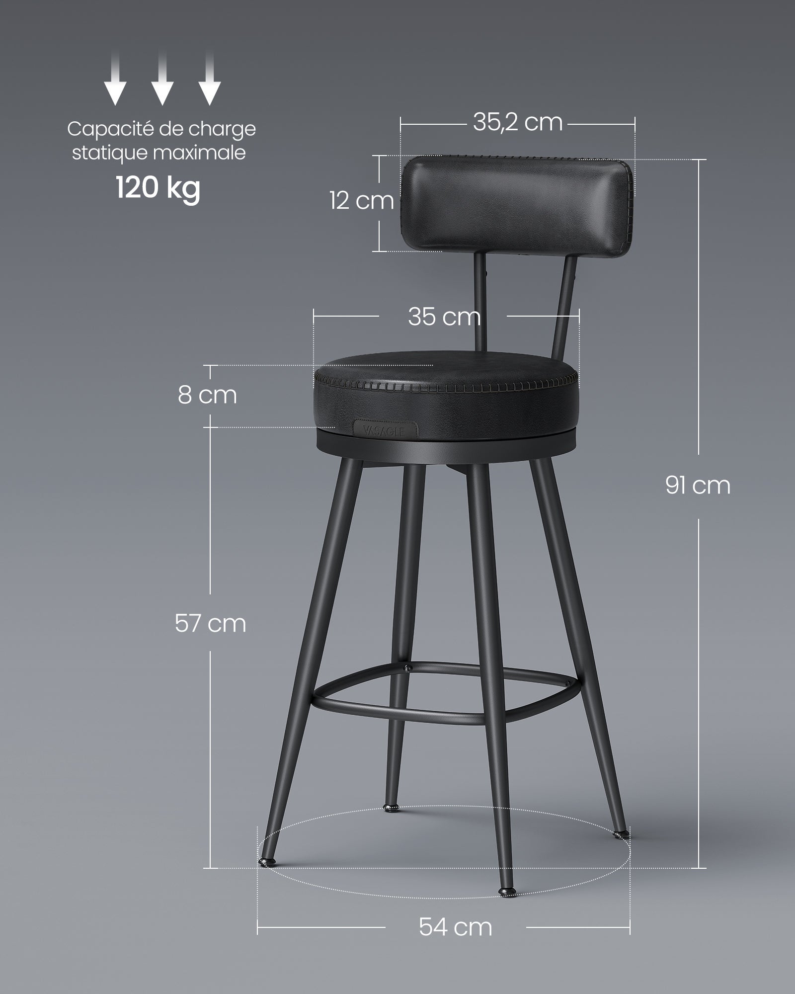Tabouret de Bar, Lot de 2, Siège Rembourré, PU avec Coutures, Style Moderne Mi-siècle, Hauteur 65 cm, Noir d'encre - 5