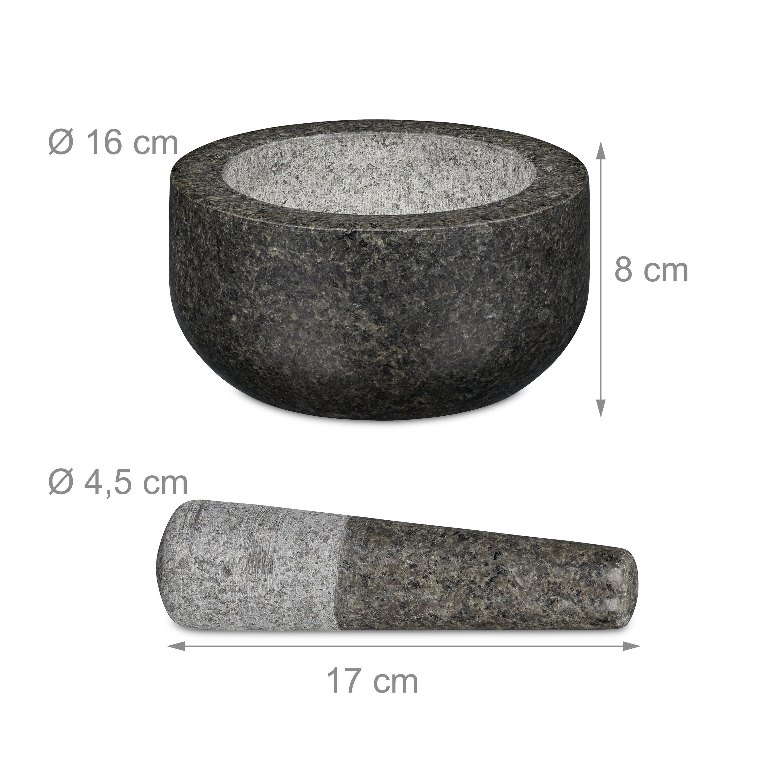 Mortier de 8 x ø 16 cm en granit poli avec pilon de 17 x ø 4,5 cm, 400 ml, gris, robuste et durable, pour épices et herbes, Relaxdays - 4