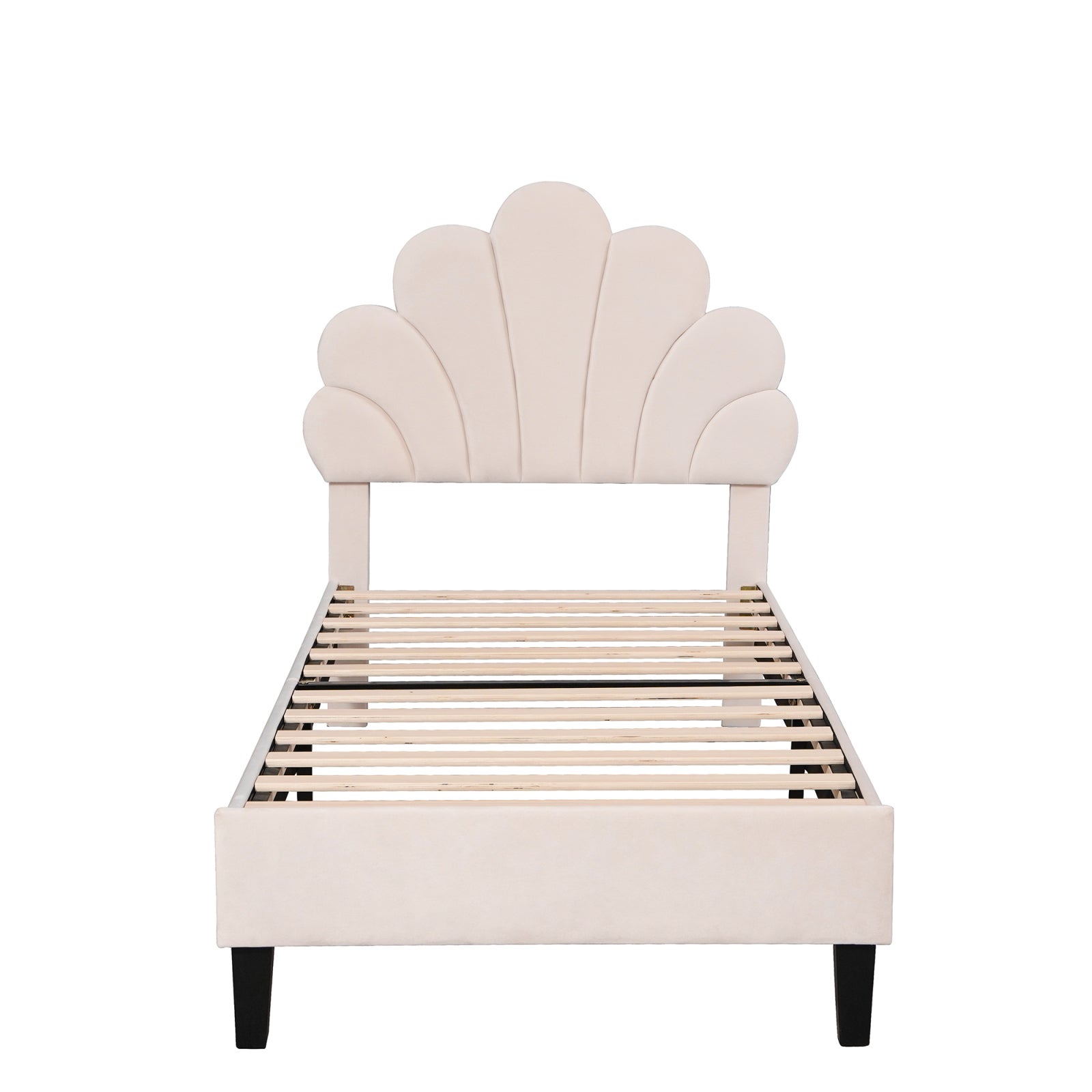 Cama individual 90x200 cm de terciopelo, cabecero en forma de flor, somier de láminas, cama infantil acolchada estilo escandinavo beige - 8