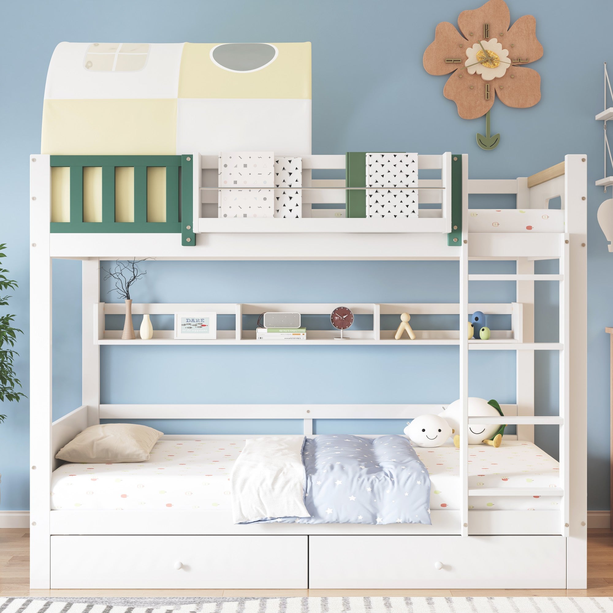 Lit superposé pour enfants, avec petite tente, rails, tiroirs, blanc ...