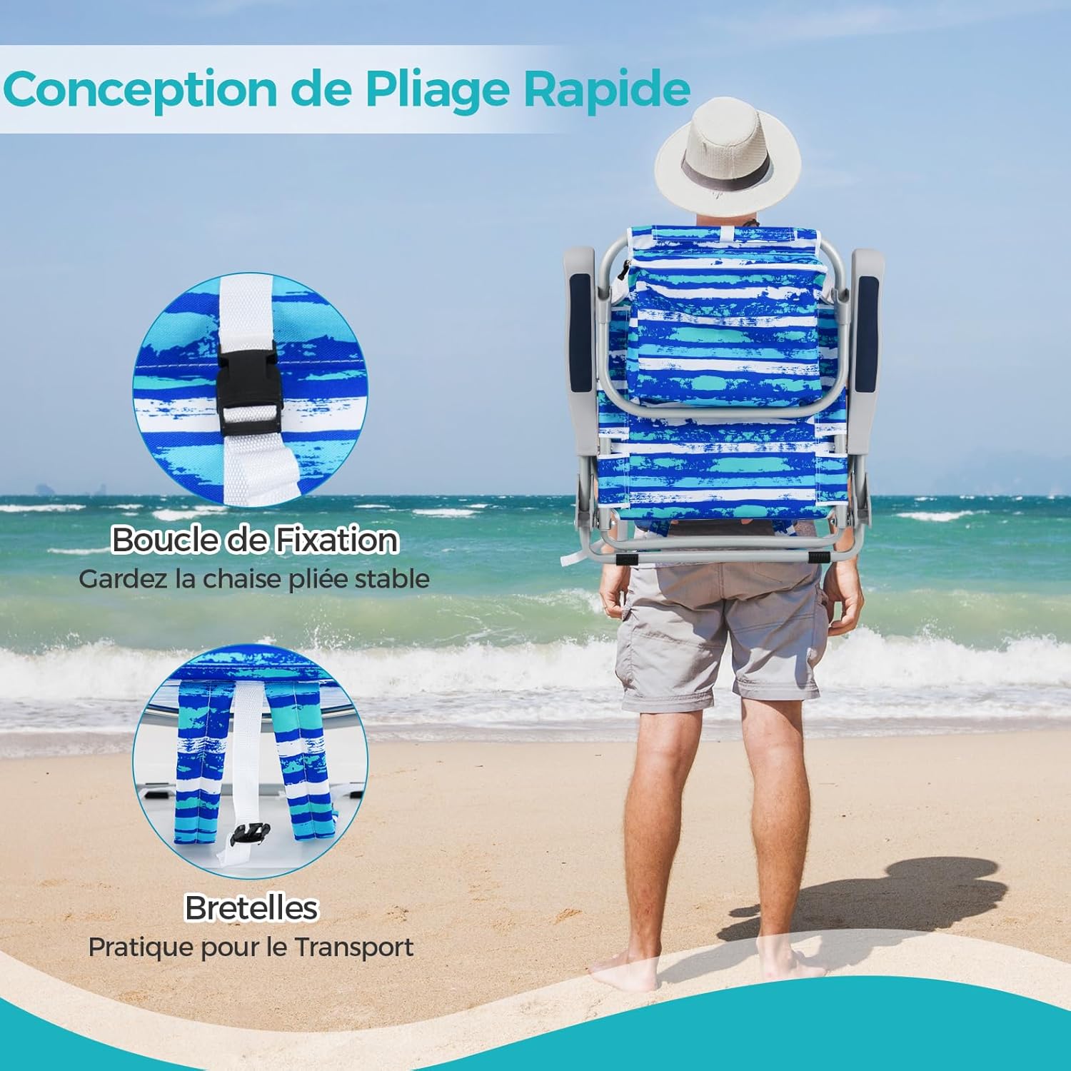 Cadeira de praia dobrável, porta-copos, porta-toalhas, almofada para a cabeça, carga máxima de 150 kg - 5