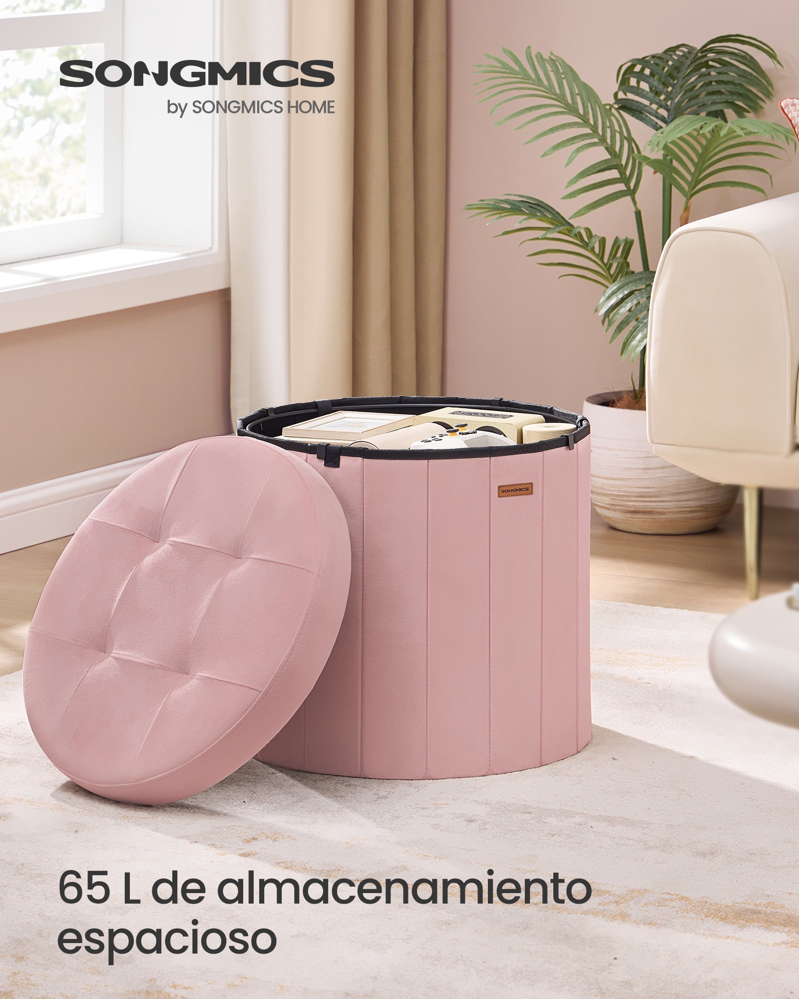 Songmics Banco Redondo, Taburete Reposapiés Plegable Con Tapa Extraíble, Puff De Terciopelo Para Dormitorio, Salón, Entrada, Rosa , Leroy Merlin