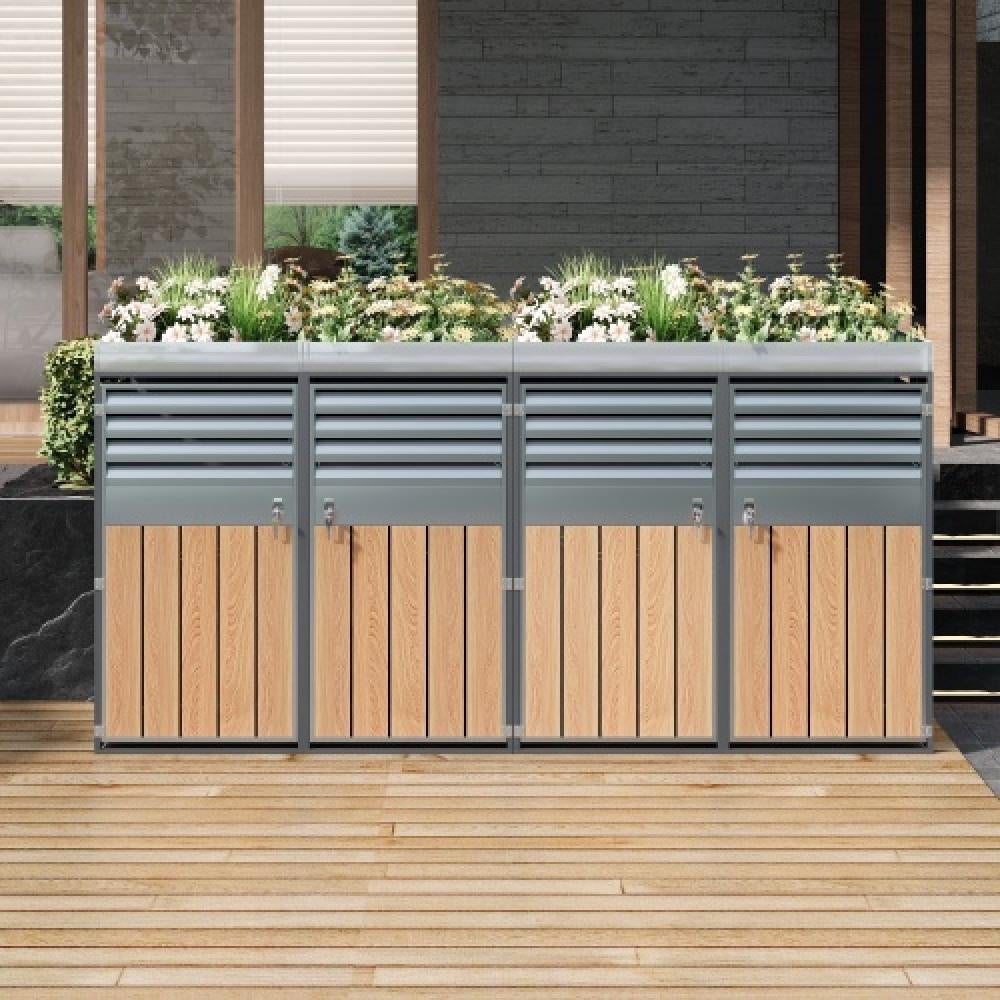 Contenedor con techo vegetal – para 4 cubos (120-240l), armario y cubierta para basura.