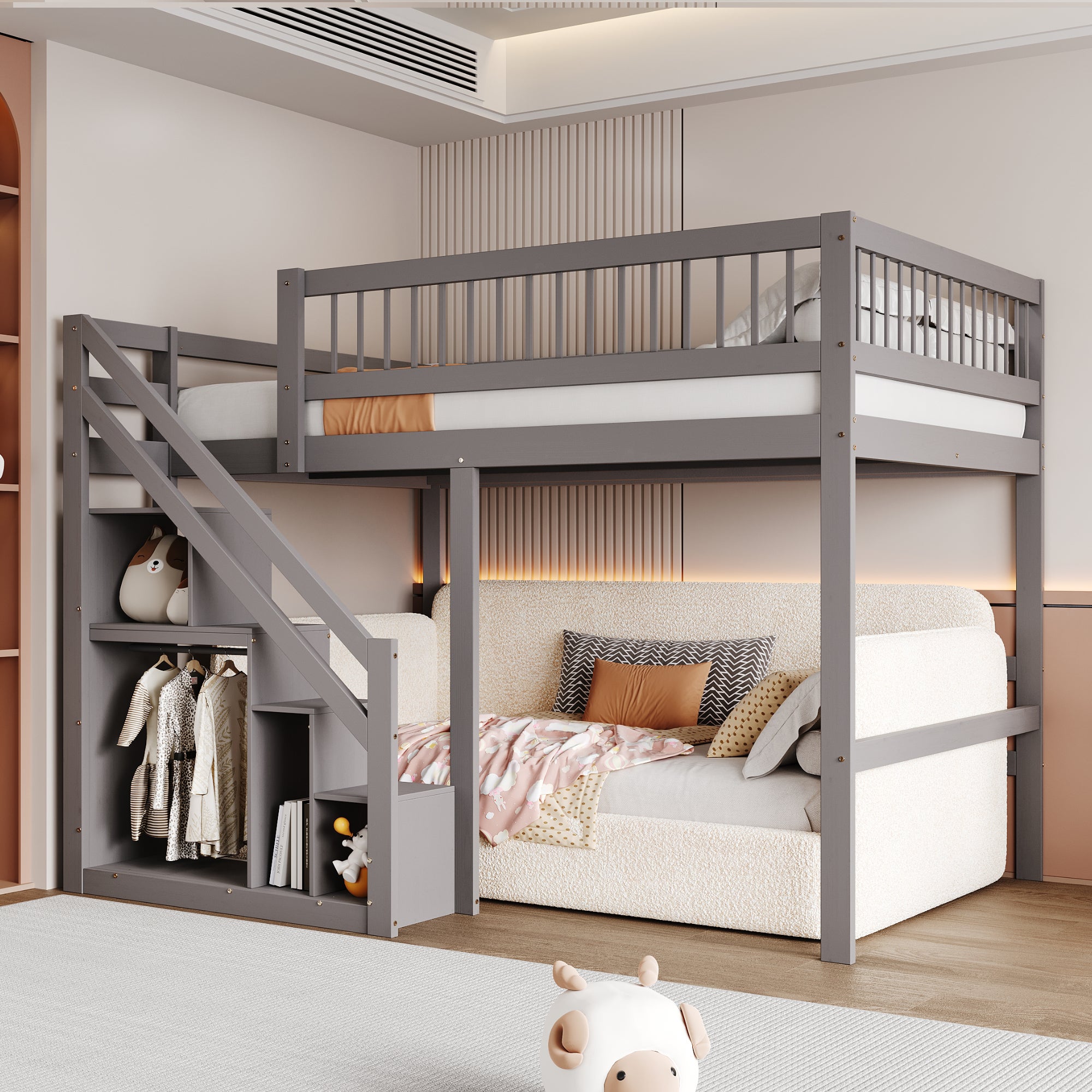 Lit mezzanine 140 x 200 cm avec placard de rangement - Bois massif ...