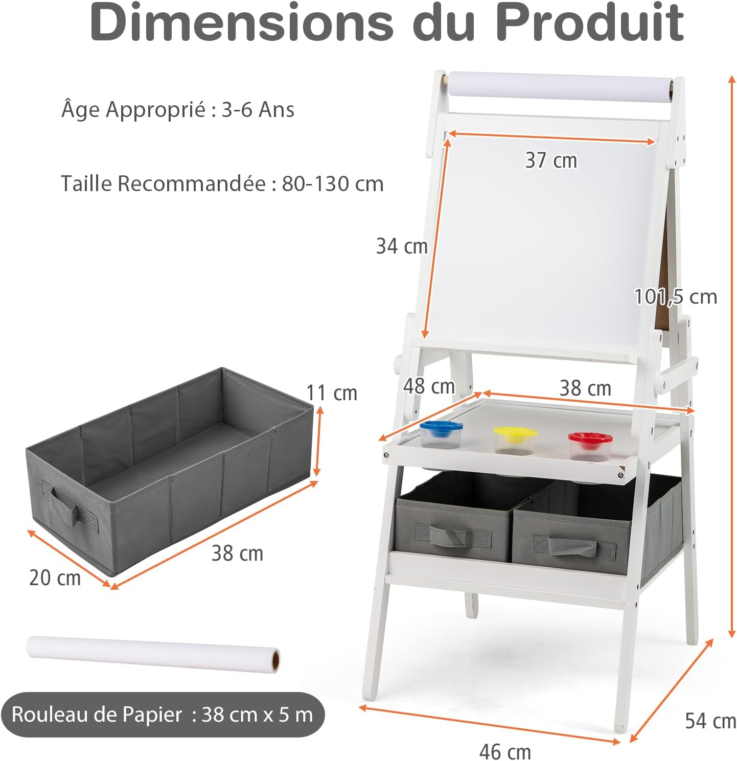 Tableau Enfant Double Face 3 en 1, Chevalet Enfant avec Tableau Blanc Noir et Rouleau de Papier, Chevalet Peinture en Bois, pour 3 à 6 Ans (Blanc) - 6