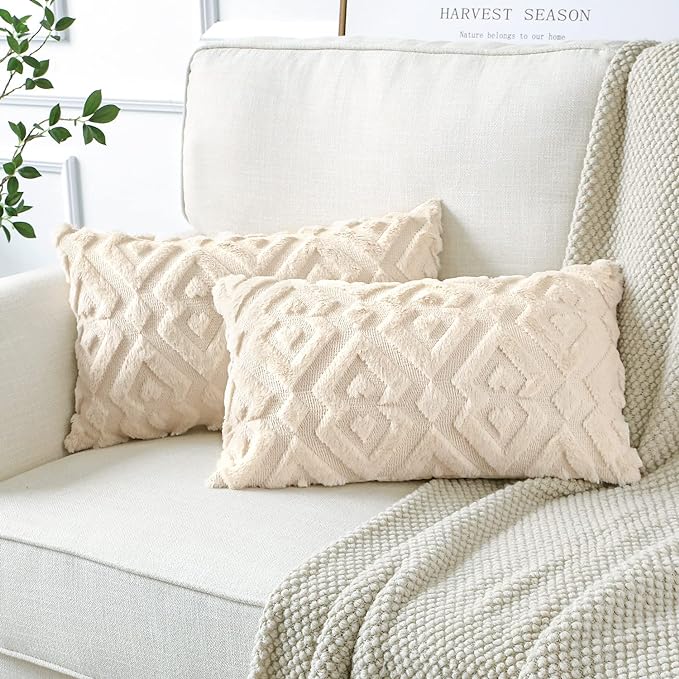 2 Pieces Doux Peluche Laine Courte Velours Décoratif Housses de Coussin Luxe Style pour Canapé Chambre - Modernes Forme de Diamant Beige, 30 x 50 cm - 2